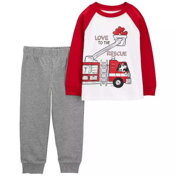 Carter's Toddler Boys Valentine's Day Fire Truck Top and Pants Sz 2T 2-piece Set - Picture 1 of 6